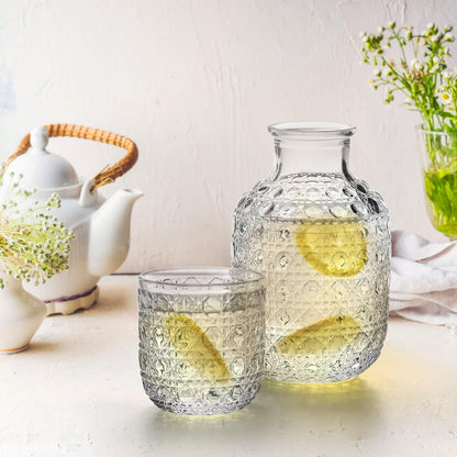 Vintage Bedside Water Carafe Tumbler 2 Sets with 4 Pcs 14Oz Clear Glass