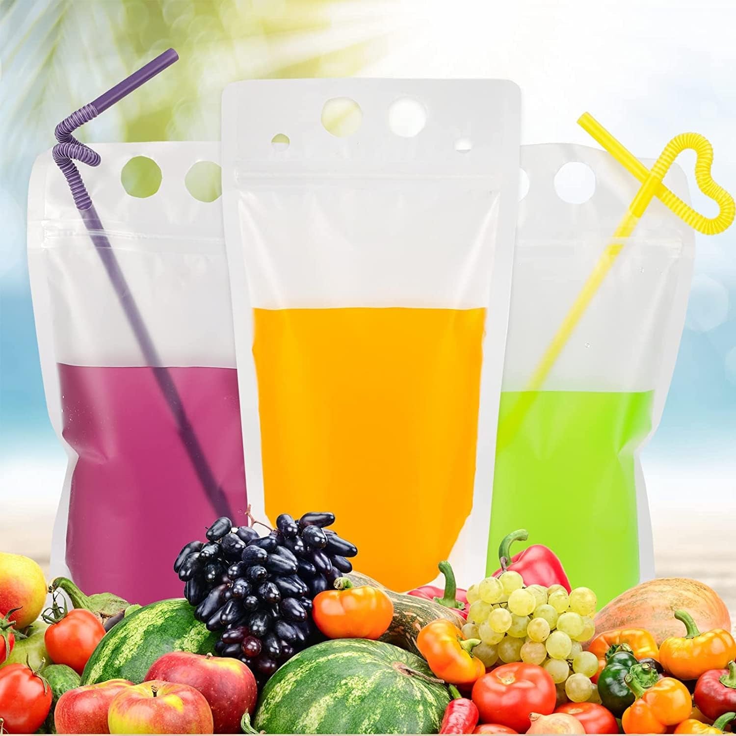 100Pcs Double Zip Pouches Drink Bags, Juice Pouches for Adults, Reusable, Reclosable Zipper Smoothie Bags for Cold &amp; Hot Drinks with 100 Straws &amp; Silicone Funnel