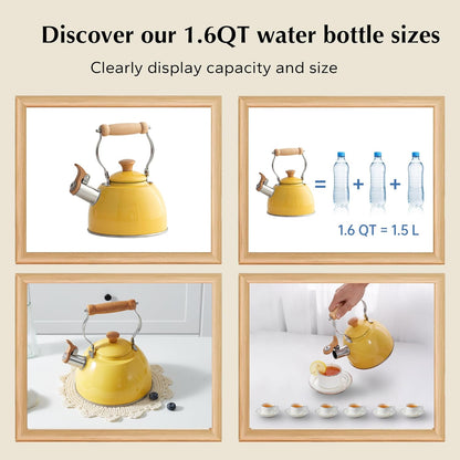 Tea Kettle, Tea Pot with Cool Touch Ergonomic Handle, Tea Kettle Food Grade Stainless Steel, Tea Kettle Stovetop, Kettle Teapot, Whistling Tea Kettle, Small Tea Kettle, 1.6 Quart (Yellow)