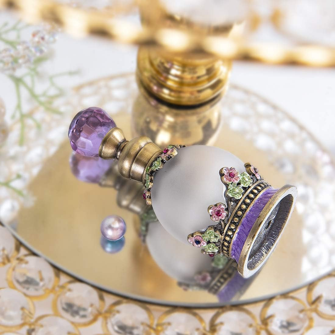 15Ml Antique Crystal Glass Perfume Bottle Small Flower Embelished Fancy Retro round Refillable Fragrance Bottle Scent Bottle(Purple)