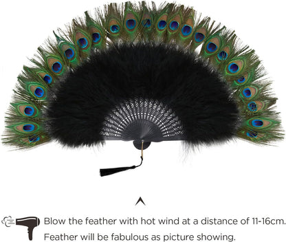 Peacock Marabou Feather Fan - Roaring 20S Vintage Style Flapper Accessories for Costume Halloween Tea Party