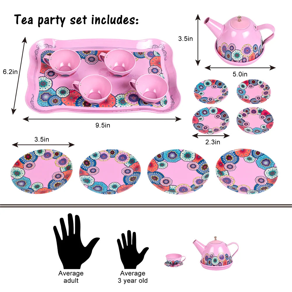 Tea Party Set for Little Girls, Kids Tea Set Pretend Toy Tin Tea Set for 3 4 5 Years Old Girls Kids