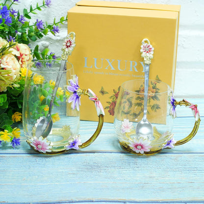 Coffee Mug, Clear Glass Tea Cup with Spoon, Handmade Daisy Flower Enamel Design, Mother&