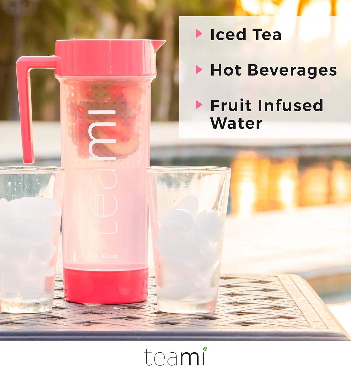Tea Pitcher with Lid - Infuser Strainer Carafe - Perfect for Teas, Juices, Lemonade, Fruit, or Sangria - 60 Ounces (Pink)