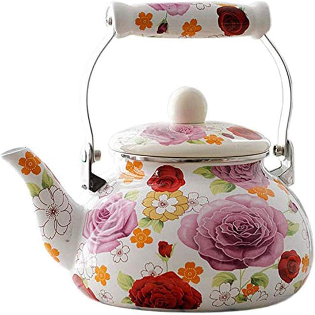 Enamel Teapot Floral,Large Porcelain Enameled Teakettle,Colorful Hot Water Tea Kettle Pot for Stovetop,Small Retro Classic Design (2.4L, Floral)