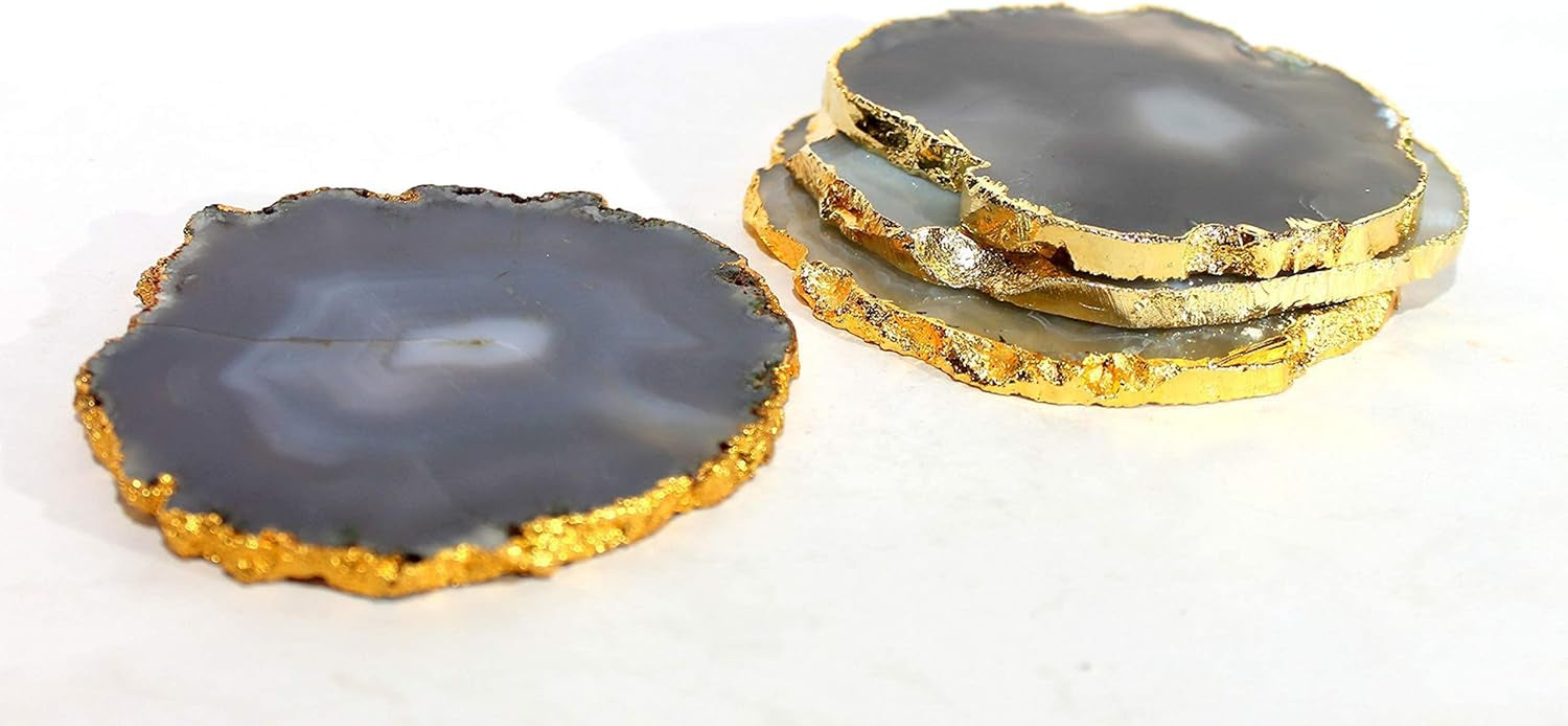 Natural Agate Coasters Bar Beer Coffee Tea Coaster - Set of 4 Coasters - Perfect Table Accessories Tableware (Natural Grey)