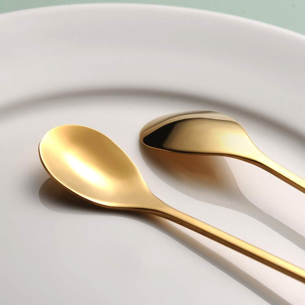 6.5&quot; Elegant Leaf-Design Gold Coffee &amp; Tea Spoons Set of 6- Long Handle Stainless Steel Stirring Spoons for Espresso, Iced Tea - Ideal Coffee Bar Accessories