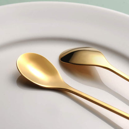 6.5&quot; Elegant Leaf-Design Gold Coffee &amp; Tea Spoons Set of 6- Long Handle Stainless Steel Stirring Spoons for Espresso, Iced Tea - Ideal Coffee Bar Accessories