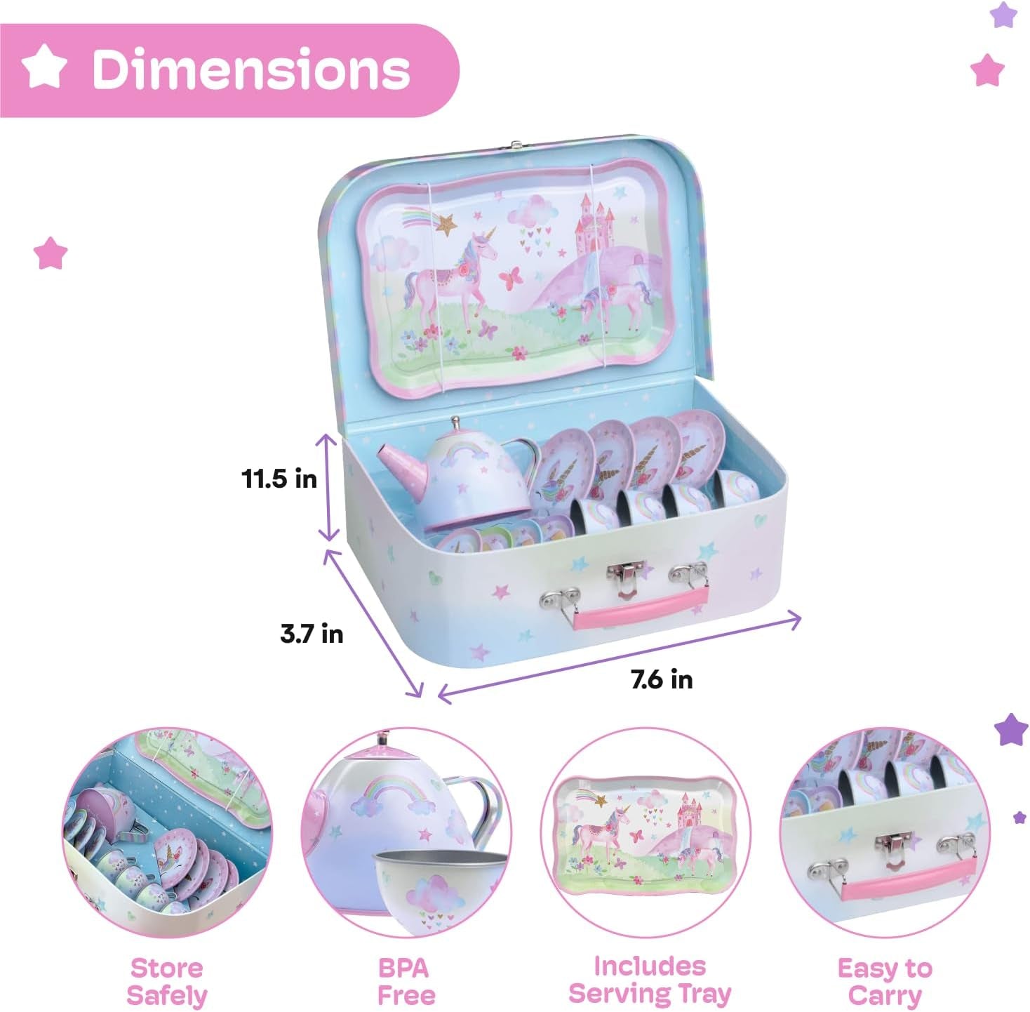 15-Piece Tin Tea Set for Toddlers - Pretend Toy Set with Teapot, Cups, Plates and Carrying Case - Unicorn Picnic Toys for Girls - Unique Gift for Kids Ages 3+ - Fun Play Tea Party Toy