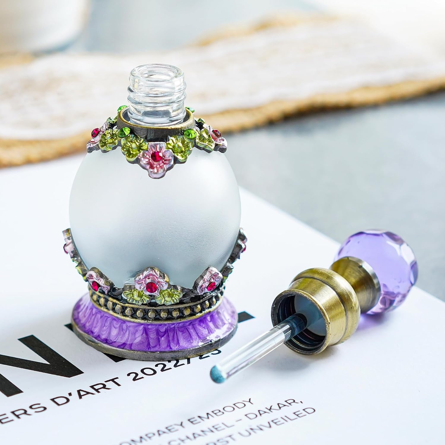 15Ml Antique Crystal Glass Perfume Bottle Small Flower Embelished Fancy Retro round Refillable Fragrance Bottle Scent Bottle(Purple)