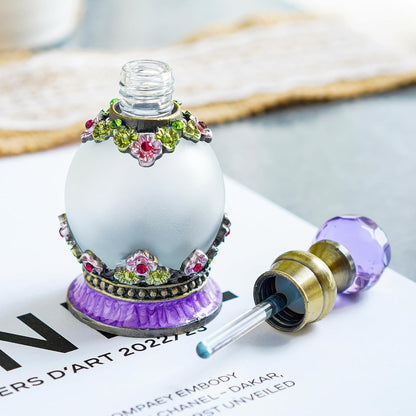 15Ml Antique Crystal Glass Perfume Bottle Small Flower Embelished Fancy Retro round Refillable Fragrance Bottle Scent Bottle(Purple)