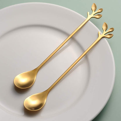 6.5&quot; Elegant Leaf-Design Gold Coffee &amp; Tea Spoons Set of 6- Long Handle Stainless Steel Stirring Spoons for Espresso, Iced Tea - Ideal Coffee Bar Accessories