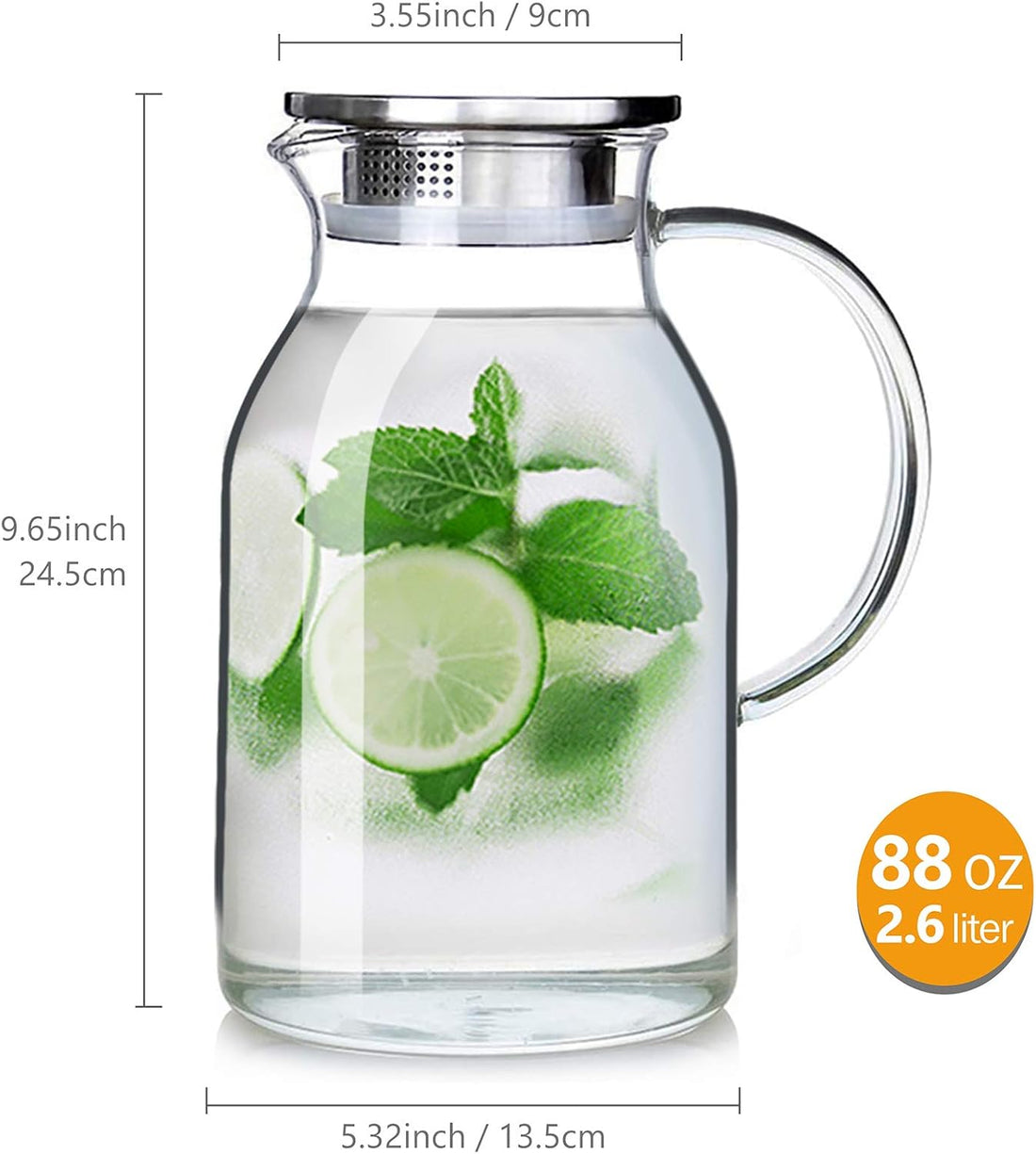 88OZ Glass Pitcher with Lid and Spout - High Heat Resistance Pitcher for Hot/Cold Water &amp; Iced Tea (2.6L)