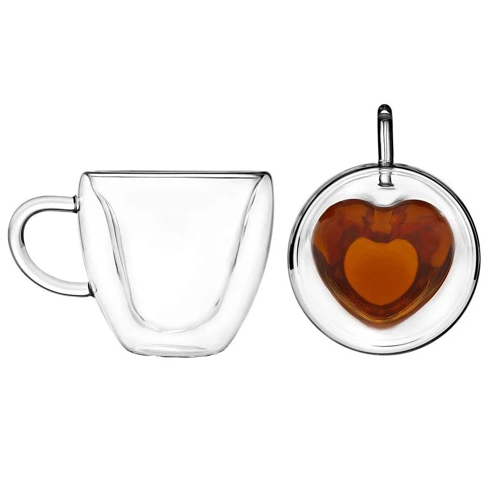 Heart Shaped Double Walled Insulated Glass Coffee Mugs or Tea Cups, Double Wall Glass- Clear, Unique & Insulated with Handle