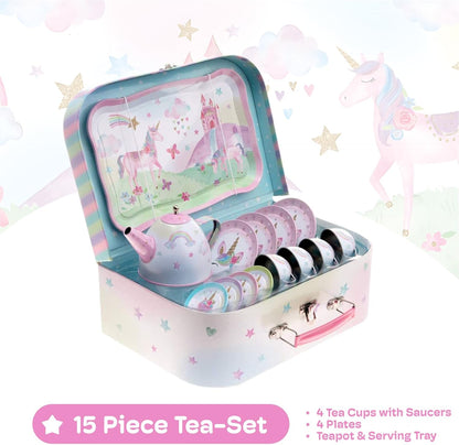 15-Piece Tin Tea Set for Toddlers - Pretend Toy Set with Teapot, Cups, Plates and Carrying Case - Unicorn Picnic Toys for Girls - Unique Gift for Kids Ages 3+ - Fun Play Tea Party Toy