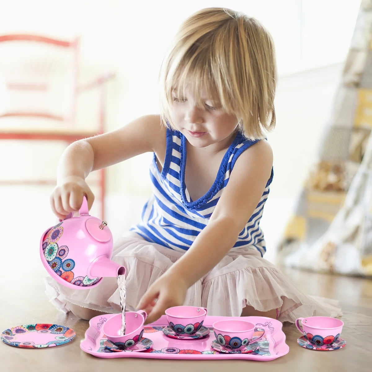 Tea Party Set for Little Girls, Kids Tea Set Pretend Toy Tin Tea Set for 3 4 5 Years Old Girls Kids