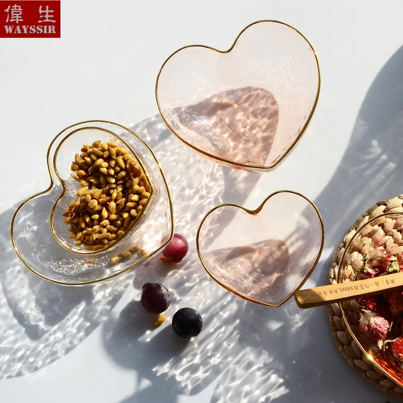 Heart Shaped Crystal Glass Bowl, Gold Rim Bowl, Household Dinnerware, Breakfast Fruit, Oatmeal, Salad, Rice, Noddle Bowl