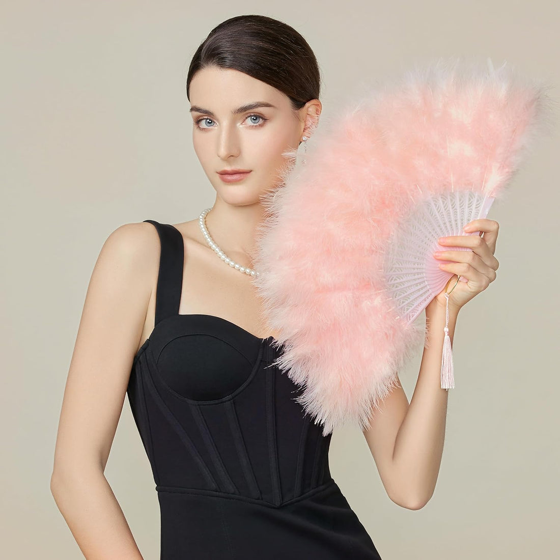 Marabou Feather Fan 20S Vintage Folding Fan Flapper Hand Fan for Costume Dancing Show Tea Party Wedding Decoration (Pink-Pink Rib)