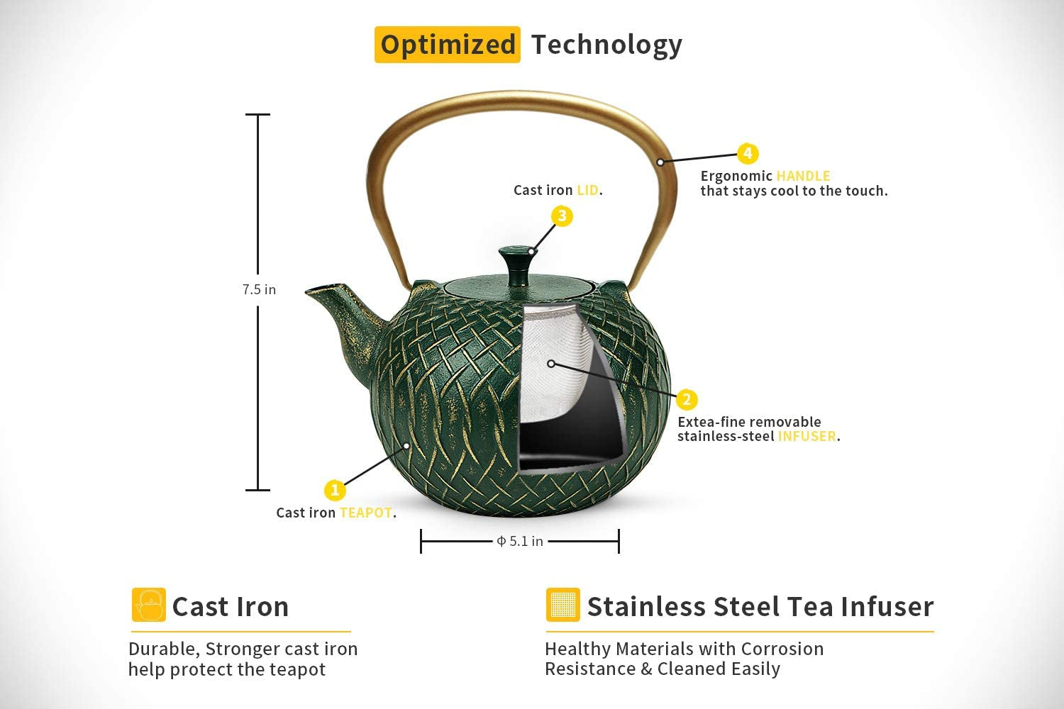Tea Kettle,  Japanese Cast Iron Tea Kettle for Stove Top, Stovetop Safe Teapot with Infusers for Loose Tea, 34 Ounce (1000 Ml), Dark Green Melody