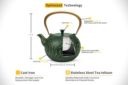 Tea Kettle,  Japanese Cast Iron Tea Kettle for Stove Top, Stovetop Safe Teapot with Infusers for Loose Tea, 34 Ounce (1000 Ml), Dark Green Melody