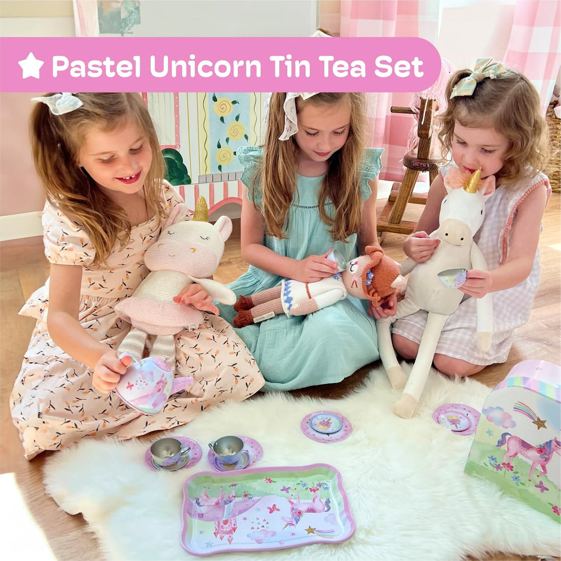 15-Piece Tin Tea Set for Toddlers - Pretend Toy Set with Teapot, Cups, Plates and Carrying Case - Unicorn Picnic Toys for Girls - Unique Gift for Kids Ages 3+ - Fun Play Tea Party Toy