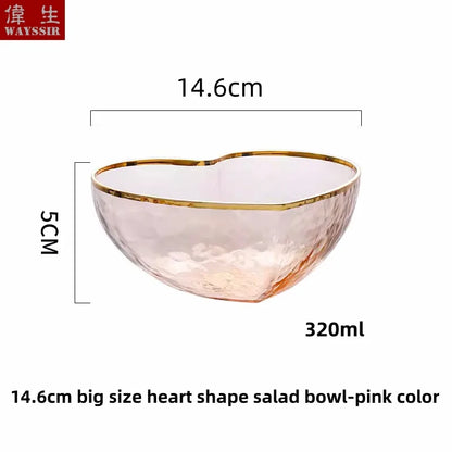 Heart Shaped Crystal Glass Bowl, Gold Rim Bowl, Household Dinnerware, Breakfast Fruit, Oatmeal, Salad, Rice, Noddle Bowl