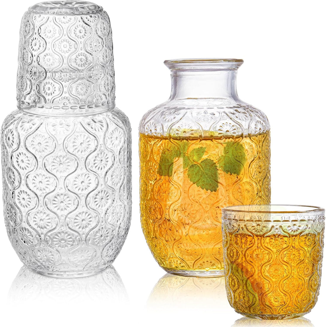 Vintage Bedside Water Carafe Elegant Pitcher 4 Pcs and Glass Tumblers 20 Oz