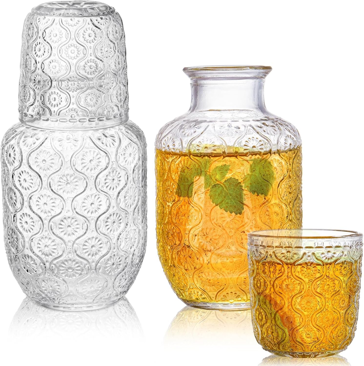 Vintage Bedside Water Carafe Elegant Pitcher 4 Pcs and Glass Tumblers 20 Oz