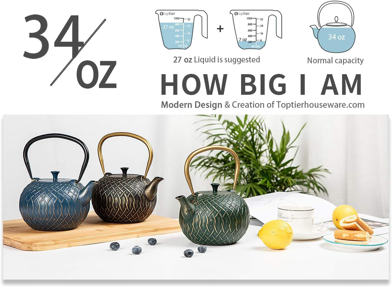 Tea Kettle,  Japanese Cast Iron Tea Kettle for Stove Top, Stovetop Safe Teapot with Infusers for Loose Tea, 34 Ounce (1000 Ml), Dark Green Melody