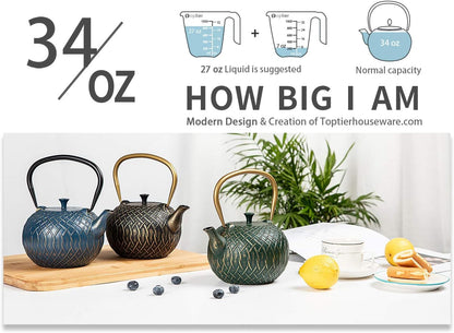 Tea Kettle,  Japanese Cast Iron Tea Kettle for Stove Top, Stovetop Safe Teapot with Infusers for Loose Tea, 34 Ounce (1000 Ml), Dark Green Melody