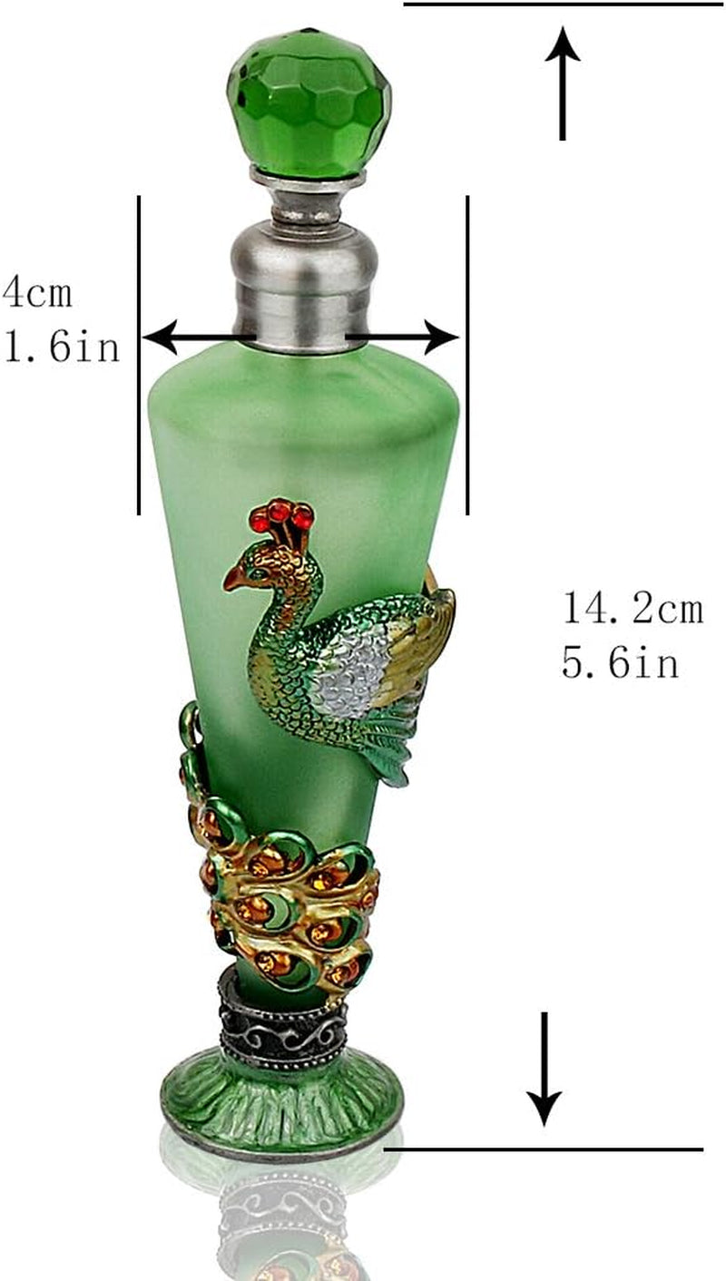 Peacock Decorative Glass Perfume Bottle Jeweled Enameled Fancy Crystal Perfume Holder Container Scent Bottles Empty Refillable(Green,35Ml)