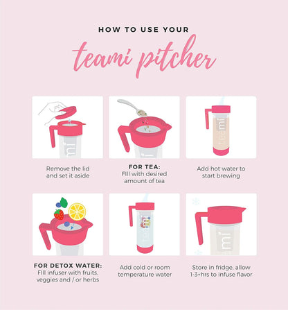 Tea Pitcher with Lid - Infuser Strainer Carafe - Perfect for Teas, Juices, Lemonade, Fruit, or Sangria - 60 Ounces (Pink)