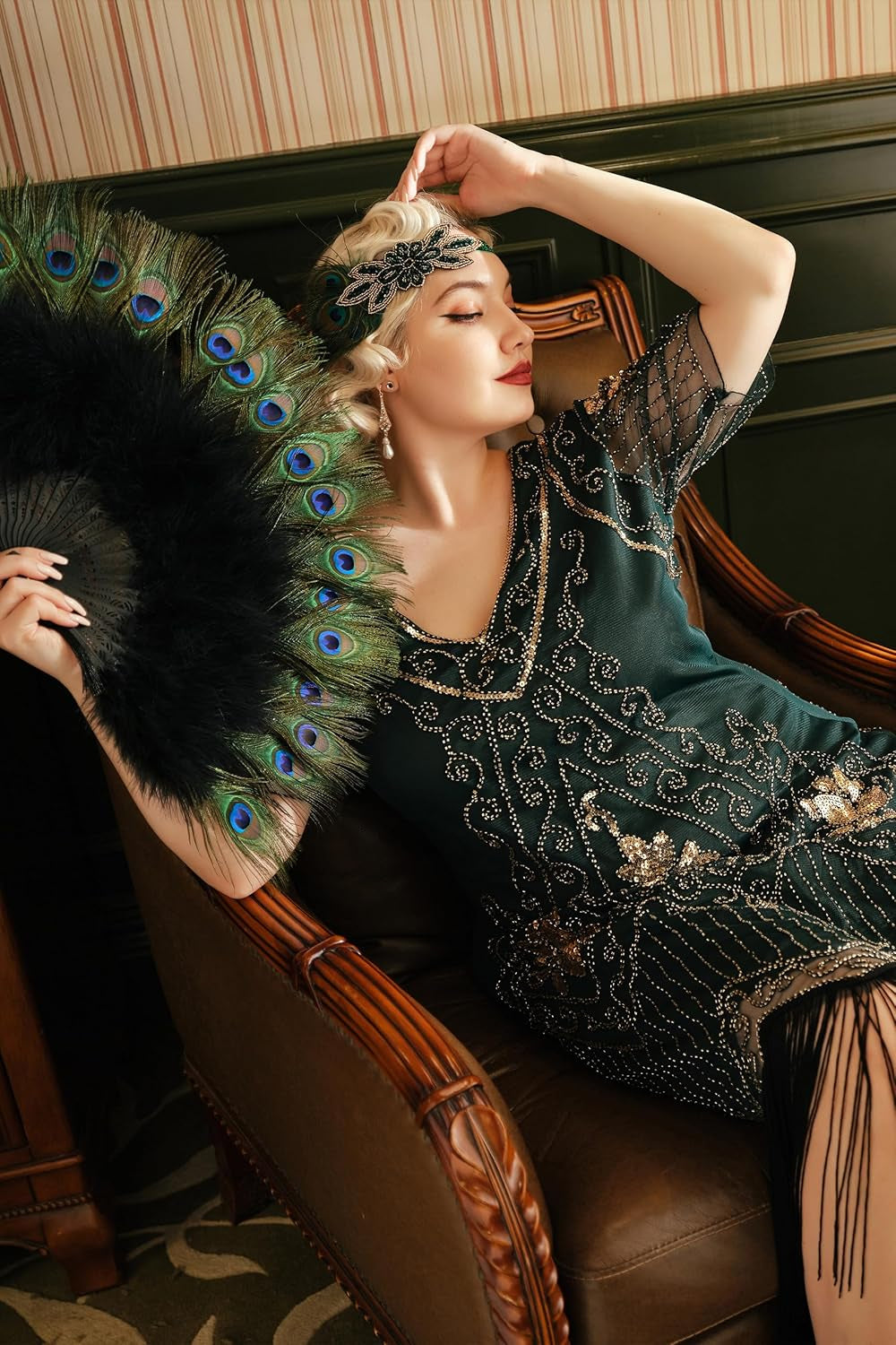 Peacock Marabou Feather Fan - Roaring 20S Vintage Style Flapper Accessories for Costume Halloween Tea Party