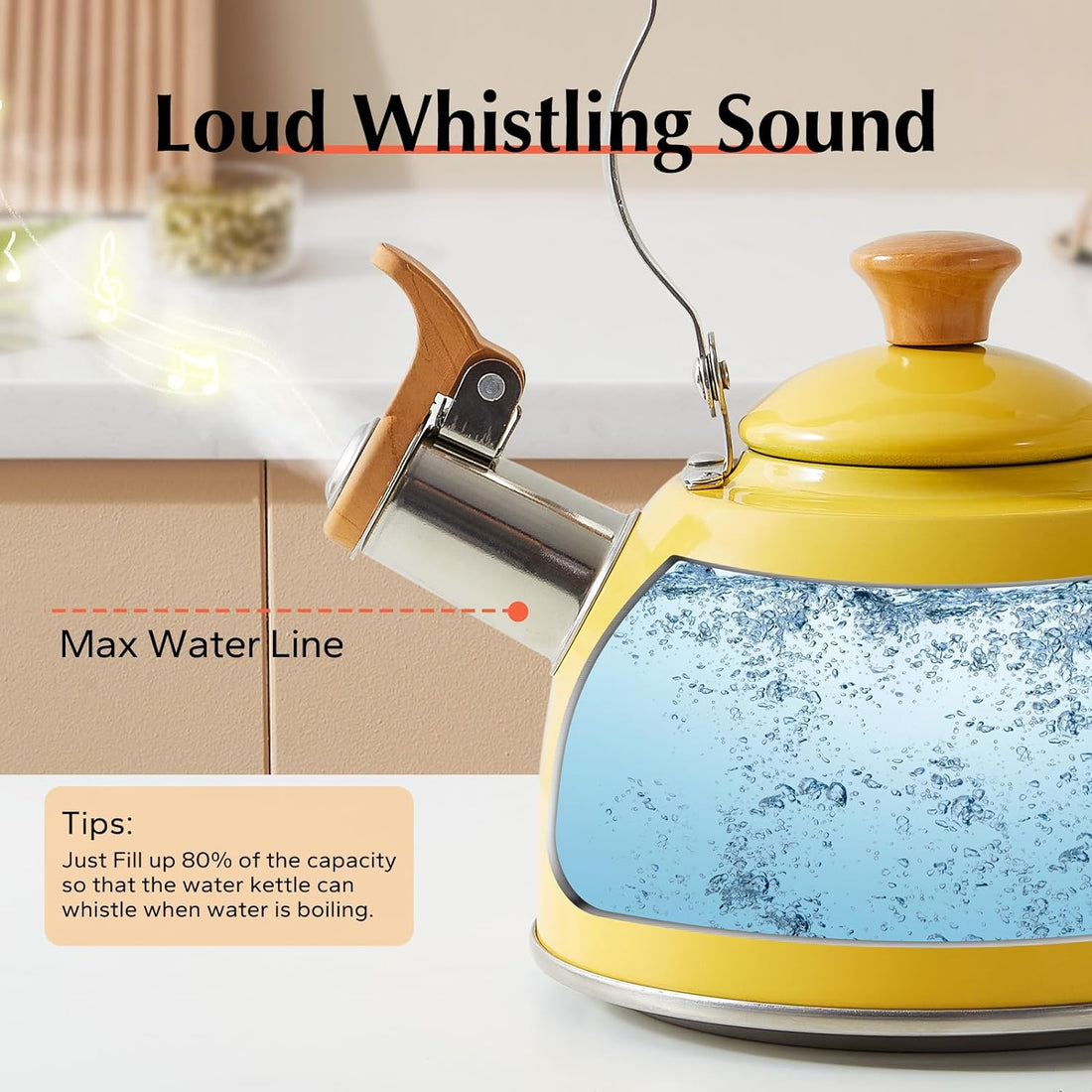 Tea Kettle, Tea Pot with Cool Touch Ergonomic Handle, Tea Kettle Food Grade Stainless Steel, Tea Kettle Stovetop, Kettle Teapot, Whistling Tea Kettle, Small Tea Kettle, 1.6 Quart (Yellow)