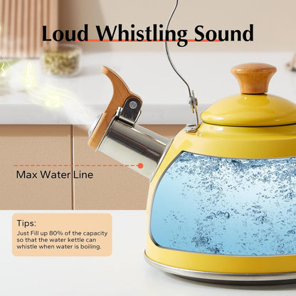 Tea Kettle, Tea Pot with Cool Touch Ergonomic Handle, Tea Kettle Food Grade Stainless Steel, Tea Kettle Stovetop, Kettle Teapot, Whistling Tea Kettle, Small Tea Kettle, 1.6 Quart (Yellow)