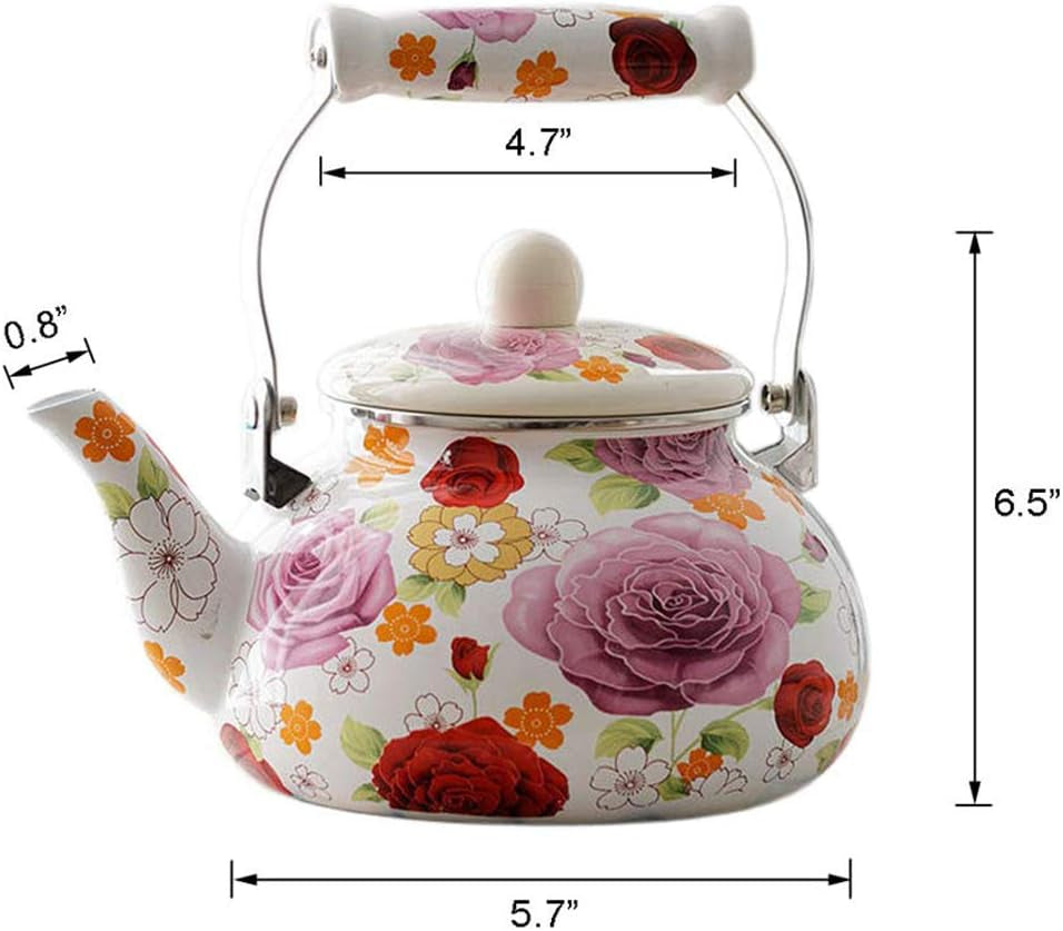 Enamel Teapot Floral,Large Porcelain Enameled Teakettle,Colorful Hot Water Tea Kettle Pot for Stovetop,Small Retro Classic Design (2.4L, Floral)