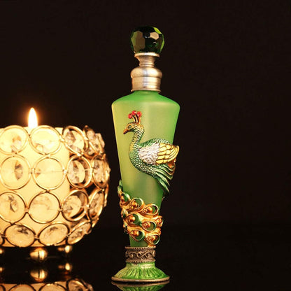Peacock Decorative Glass Perfume Bottle Jeweled Enameled Fancy Crystal Perfume Holder Container Scent Bottles Empty Refillable(Green,35Ml)