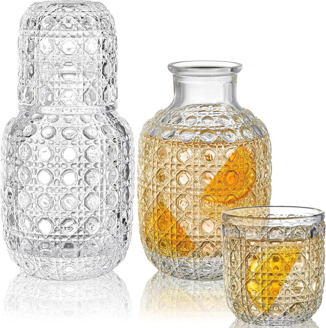 Vintage Bedside Water Carafe Tumbler 2 Sets with 4 Pcs 14Oz Clear Glass
