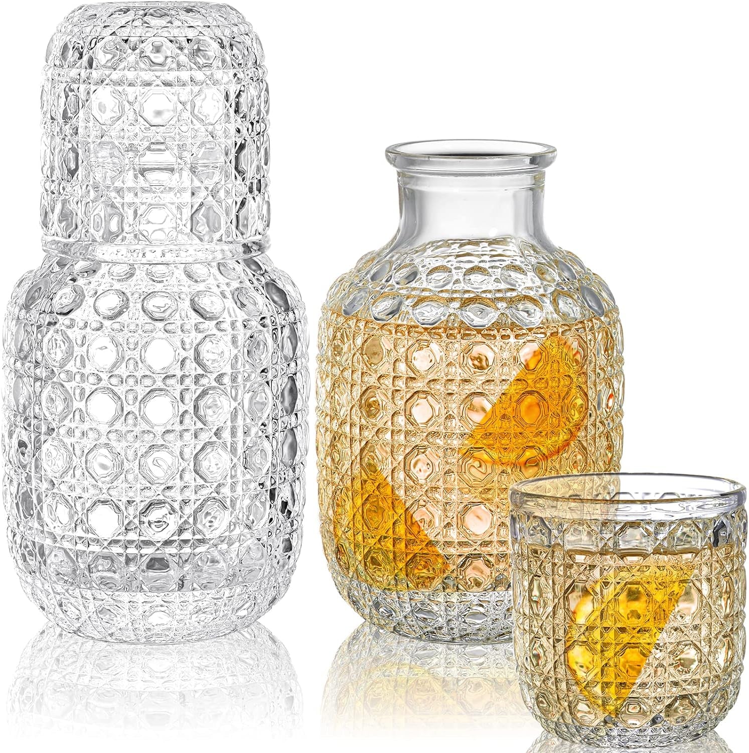 Vintage Bedside Water Carafe Tumbler 2 Sets with 4 Pcs 14Oz Clear Glass