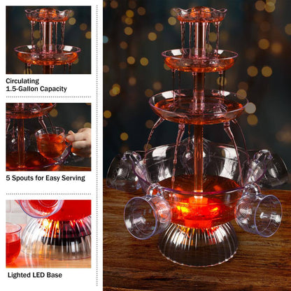 3-Tier 1.5 Gal Party Drink Dispenser - Fountain with LED Light Base and 5 Cups