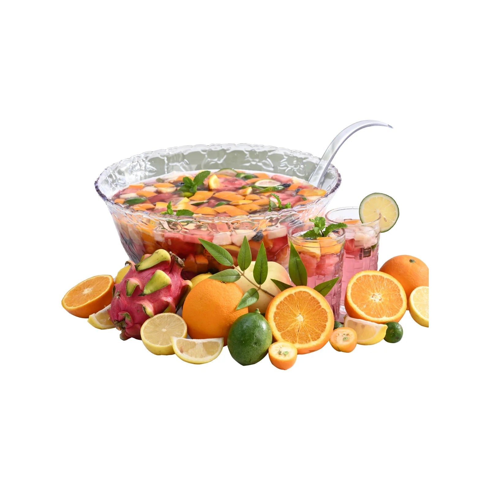 Punch Bowl with Ladle - 2 Gallon Large Clear Plastic Punch Bowl with Ladle - Embroidered Design 8 Quart Serving Bowl with 5 OZ Plastic Serving Ladle