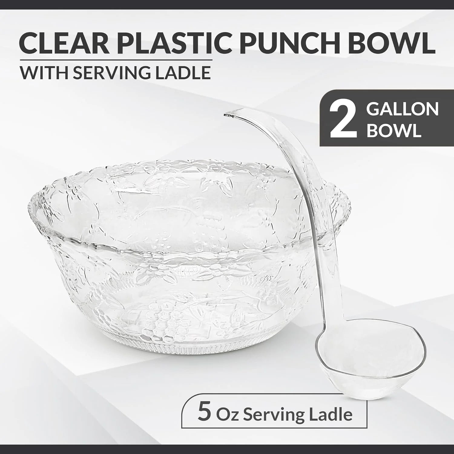 Punch Bowl with Ladle - 2 Gallon Large Clear Plastic Punch Bowl with Ladle - Embroidered Design 8 Quart Serving Bowl with 5 OZ Plastic Serving Ladle