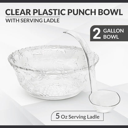 Punch Bowl with Ladle - 2 Gallon Large Clear Plastic Punch Bowl with Ladle - Embroidered Design 8 Quart Serving Bowl with 5 OZ Plastic Serving Ladle