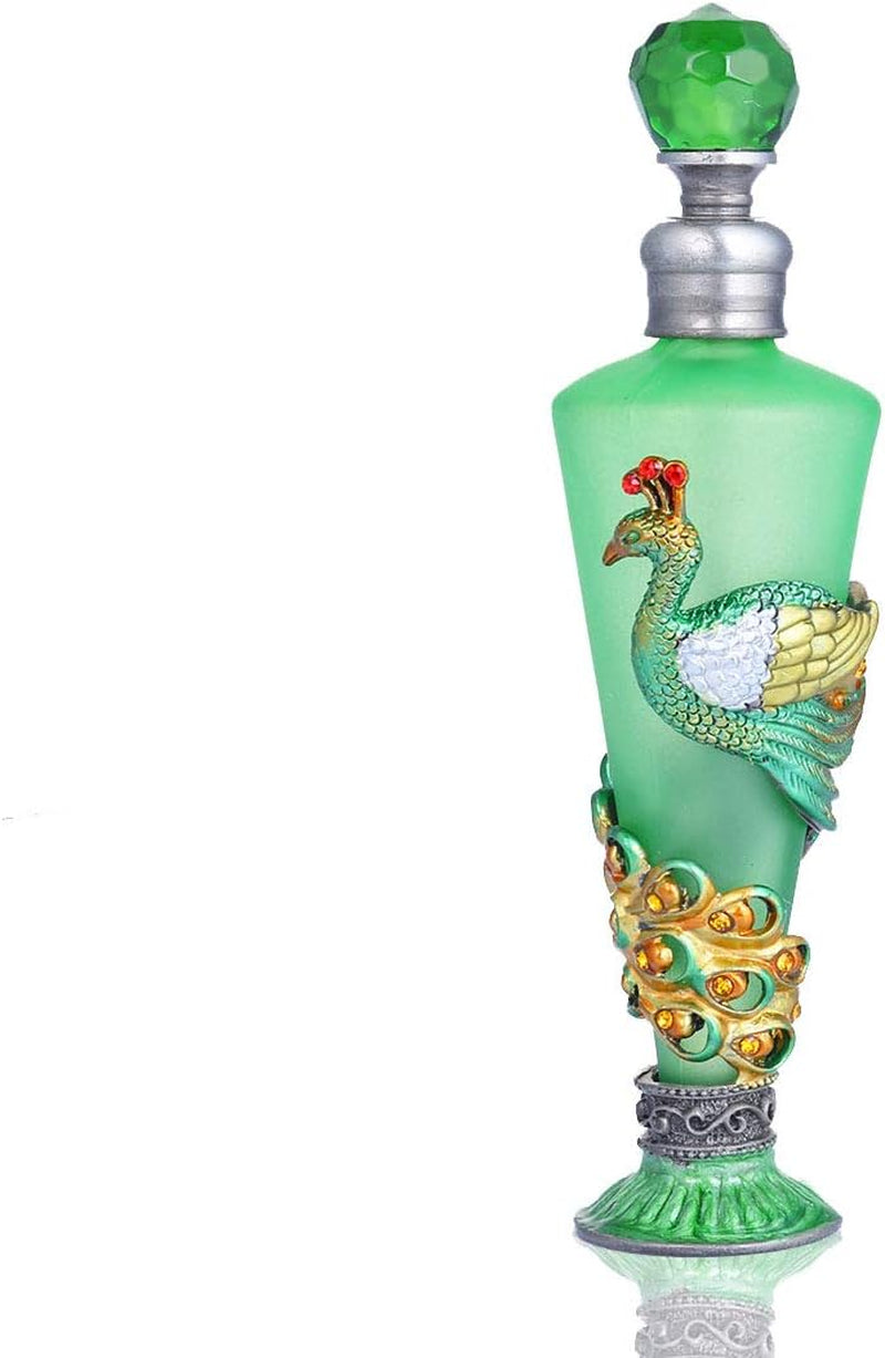 Peacock Decorative Glass Perfume Bottle Jeweled Enameled Fancy Crystal Perfume Holder Container Scent Bottles Empty Refillable(Green,35Ml)