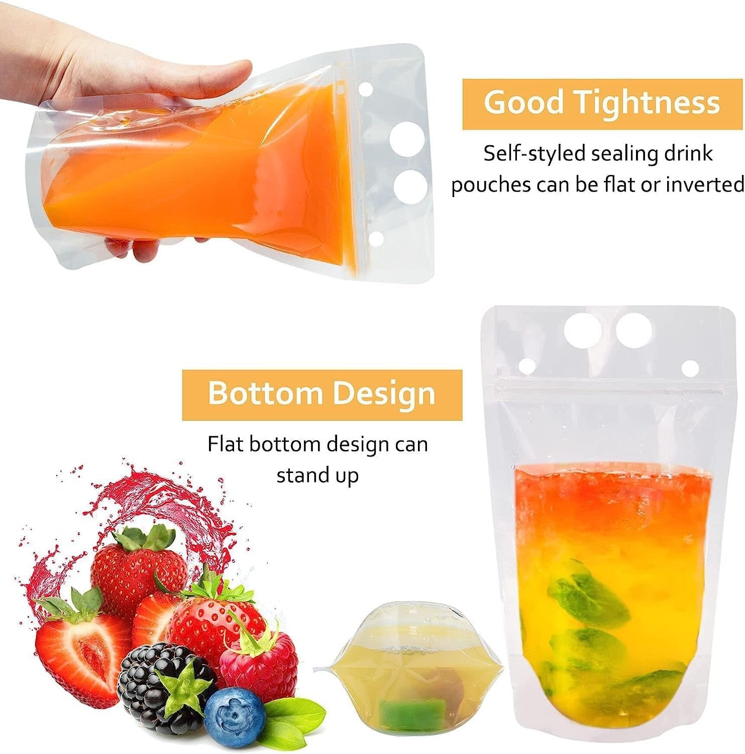 100Pcs Double Zip Pouches Drink Bags, Juice Pouches for Adults, Reusable, Reclosable Zipper Smoothie Bags for Cold &amp; Hot Drinks with 100 Straws &amp; Silicone Funnel