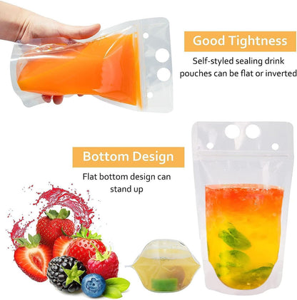 100Pcs Double Zip Pouches Drink Bags, Juice Pouches for Adults, Reusable, Reclosable Zipper Smoothie Bags for Cold &amp; Hot Drinks with 100 Straws &amp; Silicone Funnel