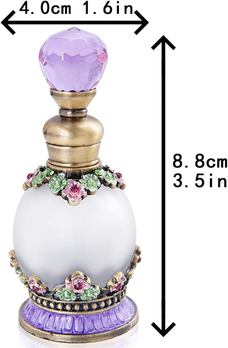 15Ml Antique Crystal Glass Perfume Bottle Small Flower Embelished Fancy Retro round Refillable Fragrance Bottle Scent Bottle(Purple)