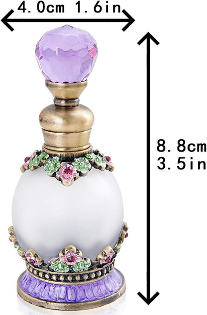 15Ml Antique Crystal Glass Perfume Bottle Small Flower Embelished Fancy Retro round Refillable Fragrance Bottle Scent Bottle(Purple)