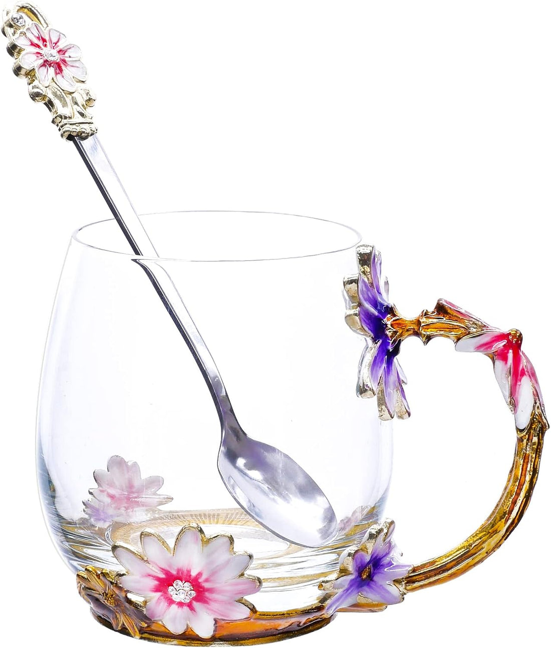 Coffee Mug, Clear Glass Tea Cup with Spoon, Handmade Daisy Flower Enamel Design, Mother&