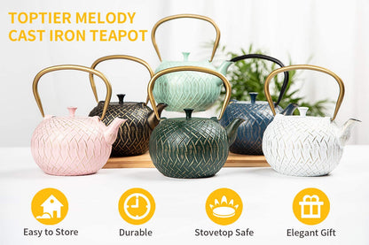 Tea Kettle,  Japanese Cast Iron Tea Kettle for Stove Top, Stovetop Safe Teapot with Infusers for Loose Tea, 34 Ounce (1000 Ml), Dark Green Melody